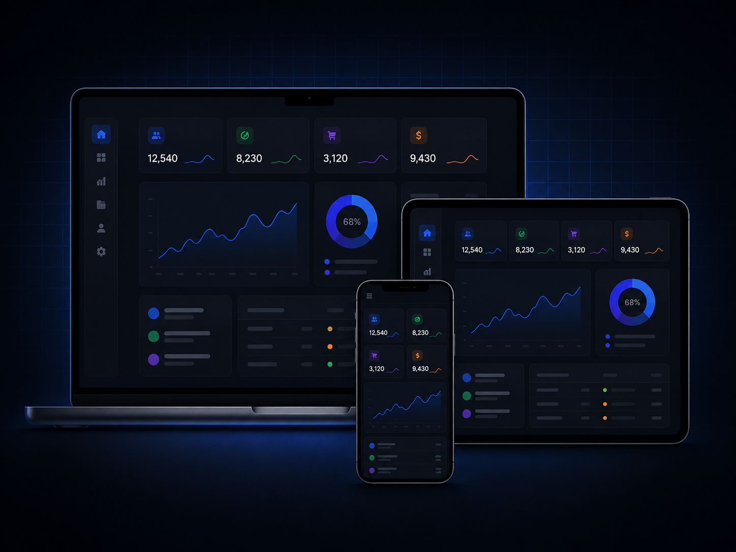 Desktop, tablet, and phone shown together to represent responsive layouts